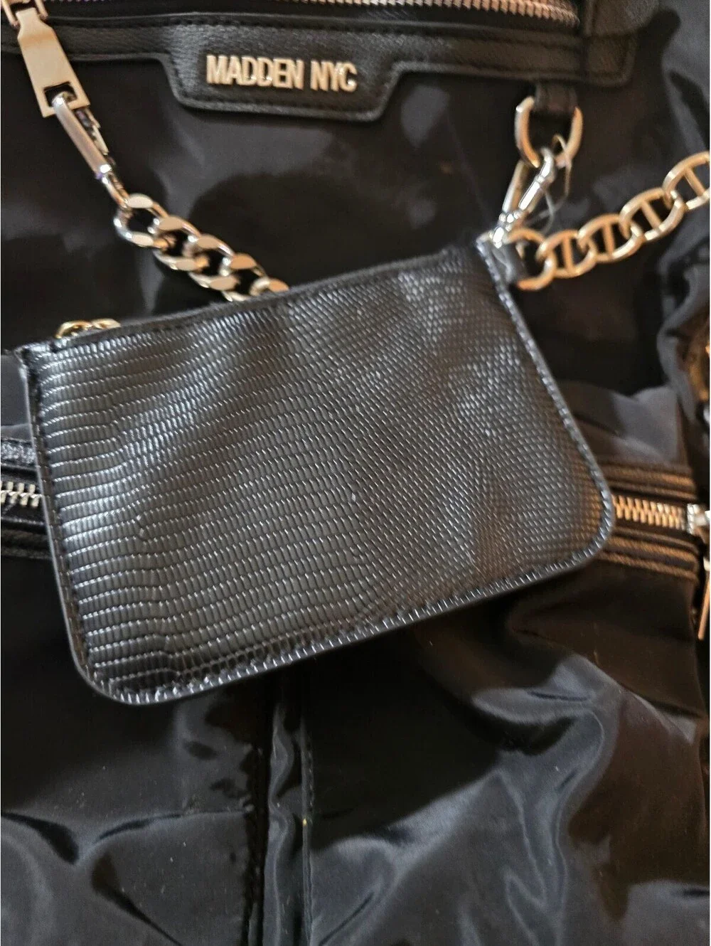 New Madden NYC Black Nylon Backpack with Chain and Pouch